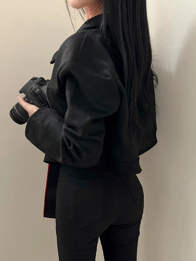 Retro Lapel Lady Short Coat Zipper Long Sleeves Patchwork Slim Fitting Jacket 2026 Spring Fall Commute Office Daily Outerwear