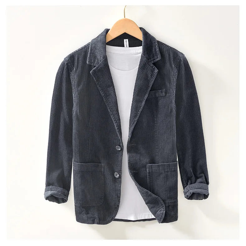 Autumn Casual Blazers for Men Daily Commute Suit Male Pure Cotton Corduroy Gray Single Breasted Suit Jackets Man Simle Coats