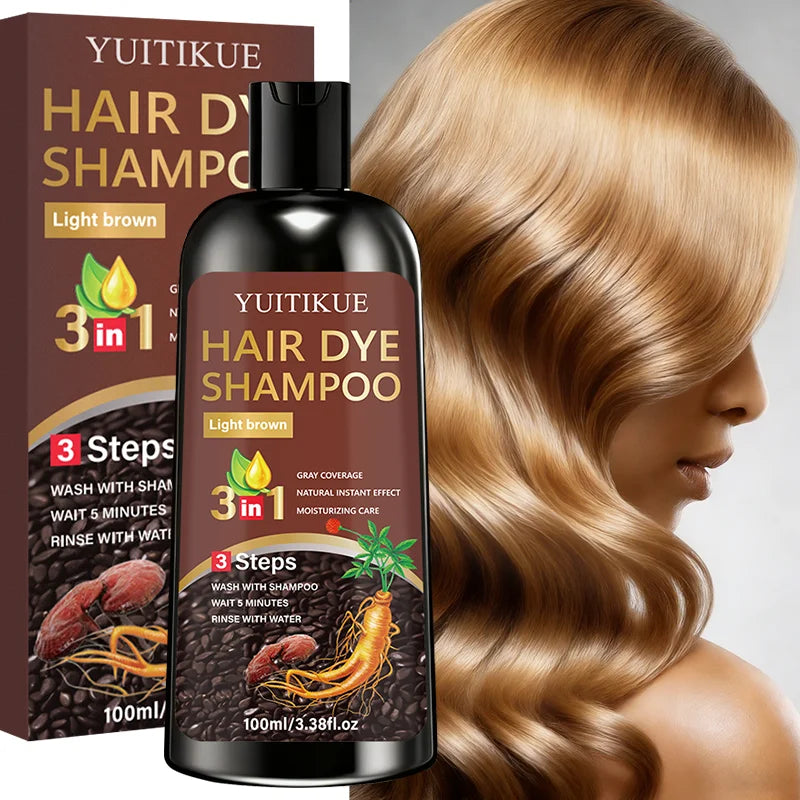 YUITIKUE Light Brown Hair Dye Shampoo | 3-in-1 Gray Coverage, Natural Instant Effect, 3 Steps Easy Dye 100ml