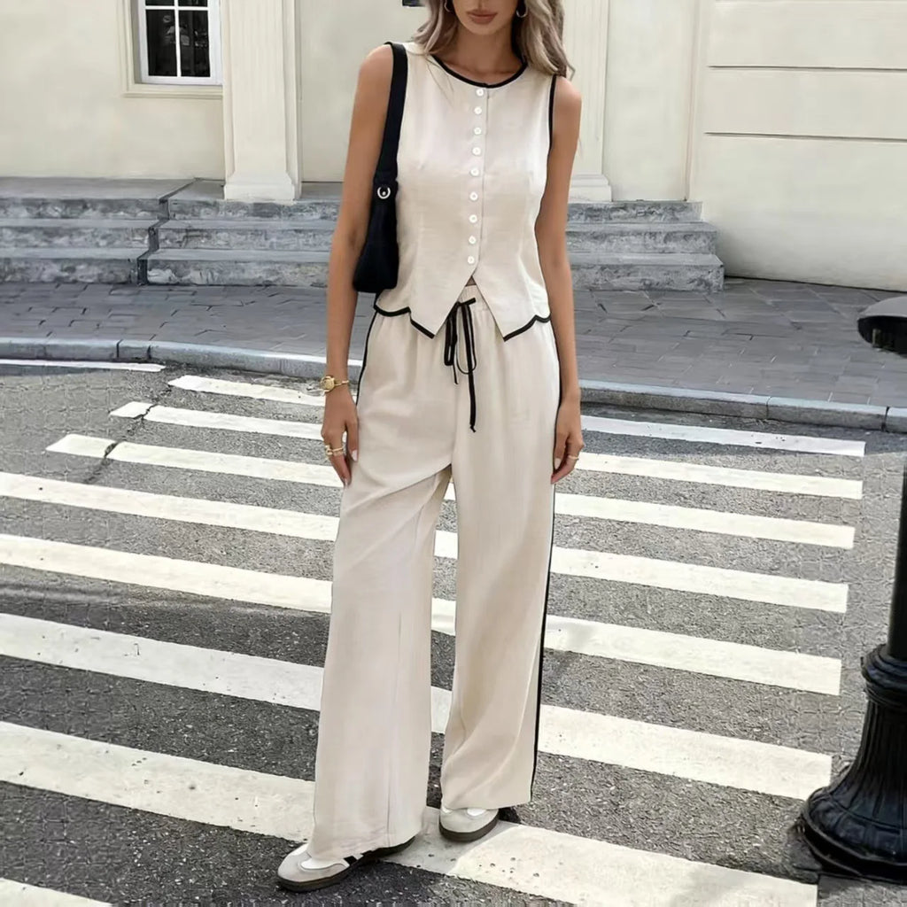 Summer 2026 Women's Color Block Sleeveless Single Button Vest And Drawstring Pants Set Fashionable Casual Outfit Polyester