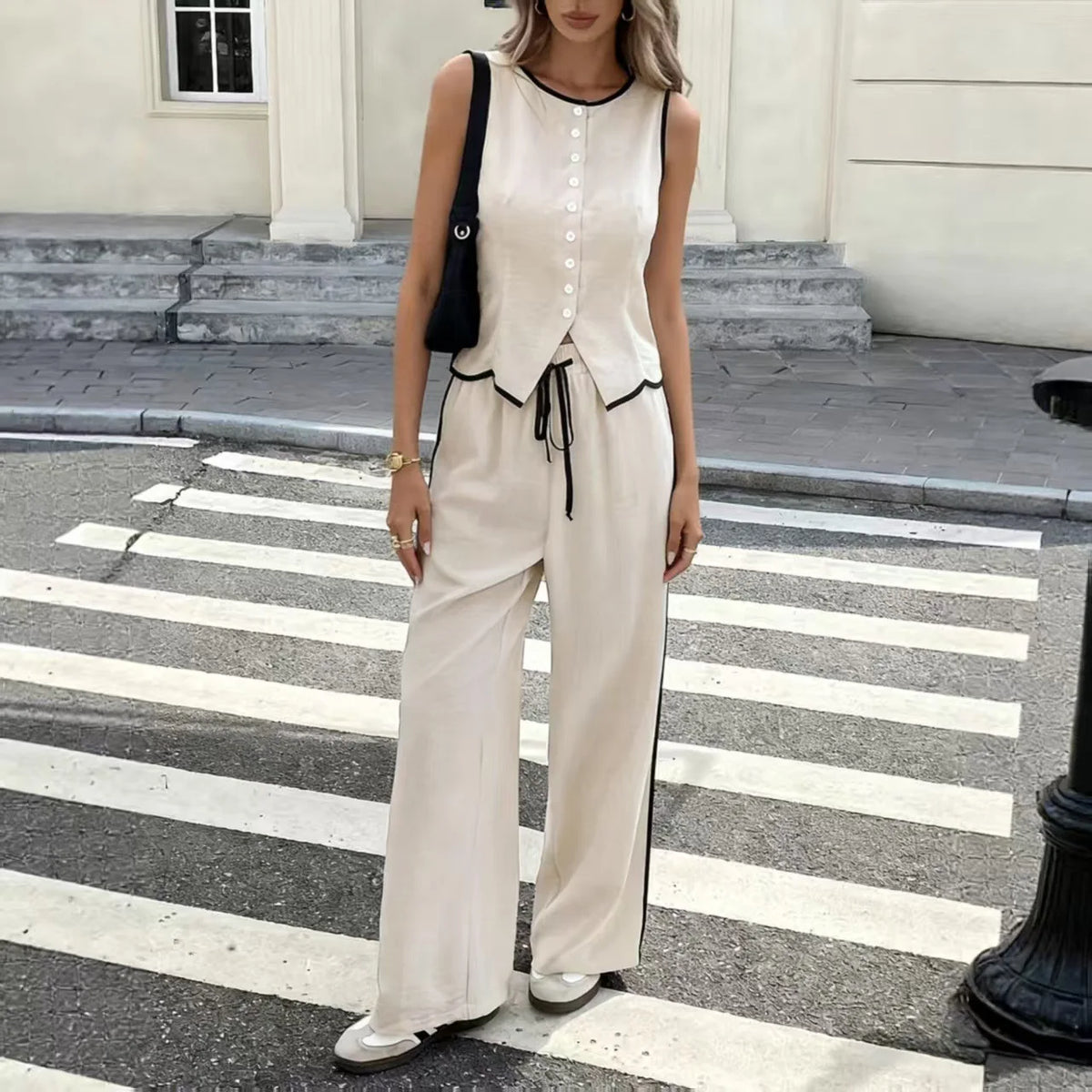 Summer 2026 Women's Color Block Sleeveless Single Button Vest And Drawstring Pants Set Fashionable Casual Outfit Polyester
