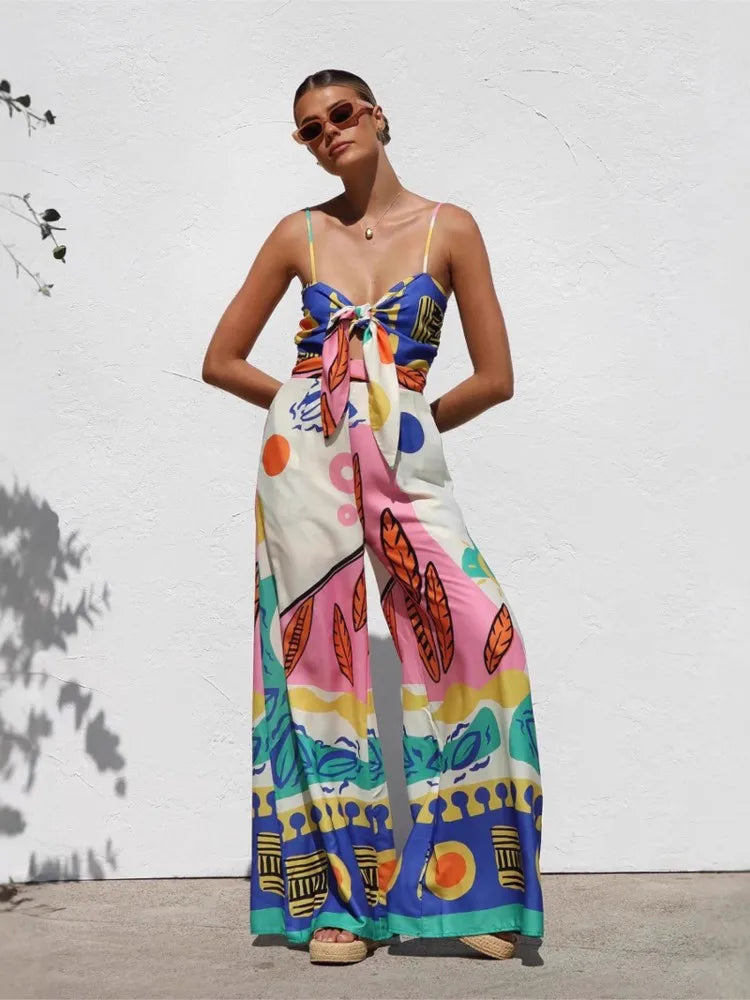 Spring Summer Print Spaghetti Strap Jumpsuits Women Fashion Sexy Hollow Out Leace-up High Waist Wide Legs Jumpsuit Bohemian New