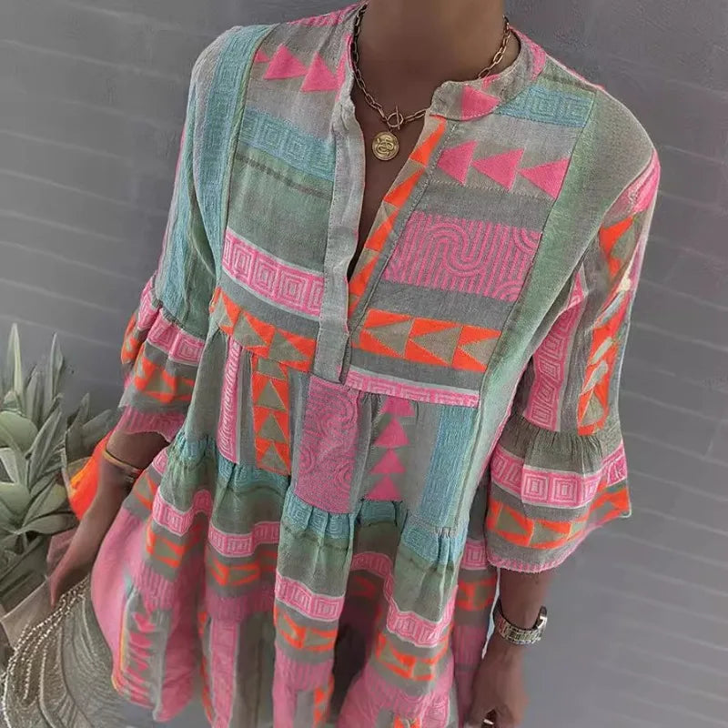 FL New Cotton and Linen Material Printed V-neck Seven Quarter Sleeve Dress Leisure Comfortable Knee-length Skirt