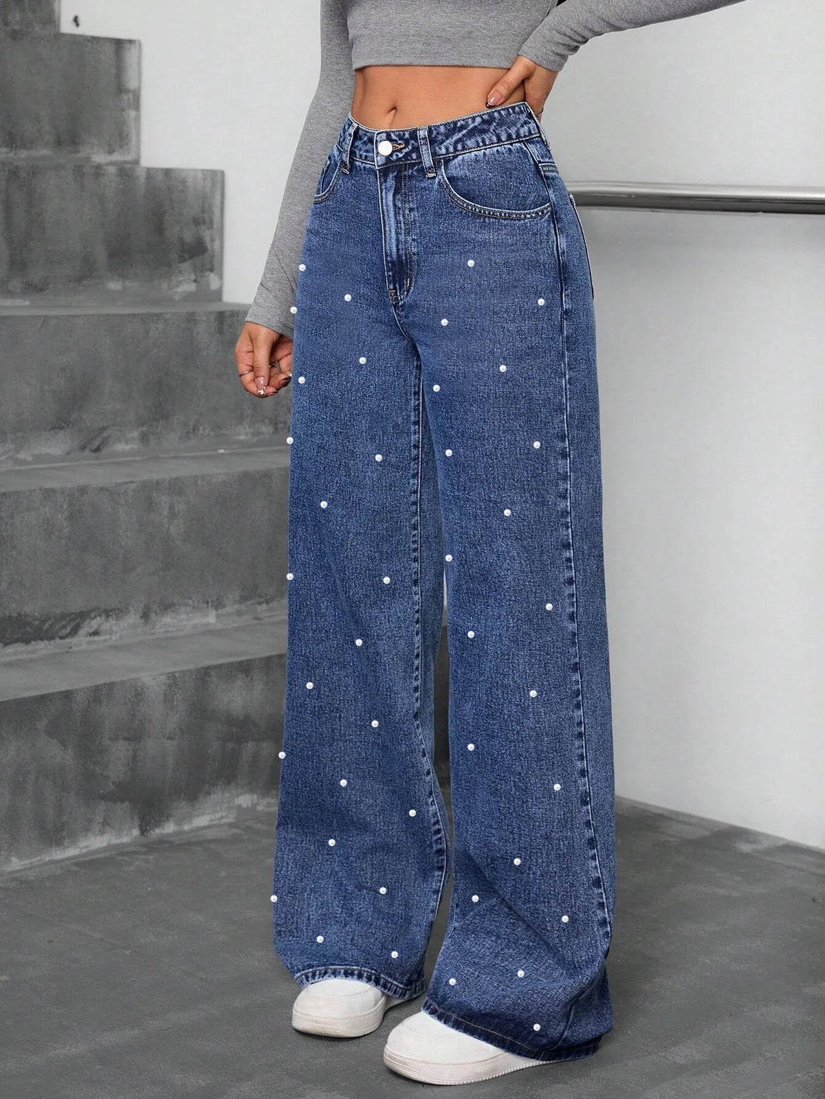 Denim Straight Pants Women Pearls Spliced Jeans High Waist Washed Basics Ankle Length Trousers Streetwear Pant Solid Autumn