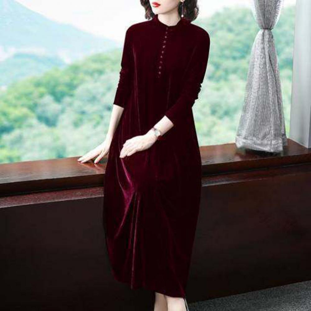 Women Fall Dress Solid Color Loose Long Sleeves Button Maxi Dress Keep Warm Velvet Mom Spring Dress Women Clothes