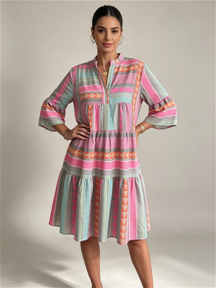 2026 Summer Women Boho Geometric Tiered Midi Dress  Flare Sleeve Contrast Patchwork Loose  Beach Vacation Women's Casual Dresses