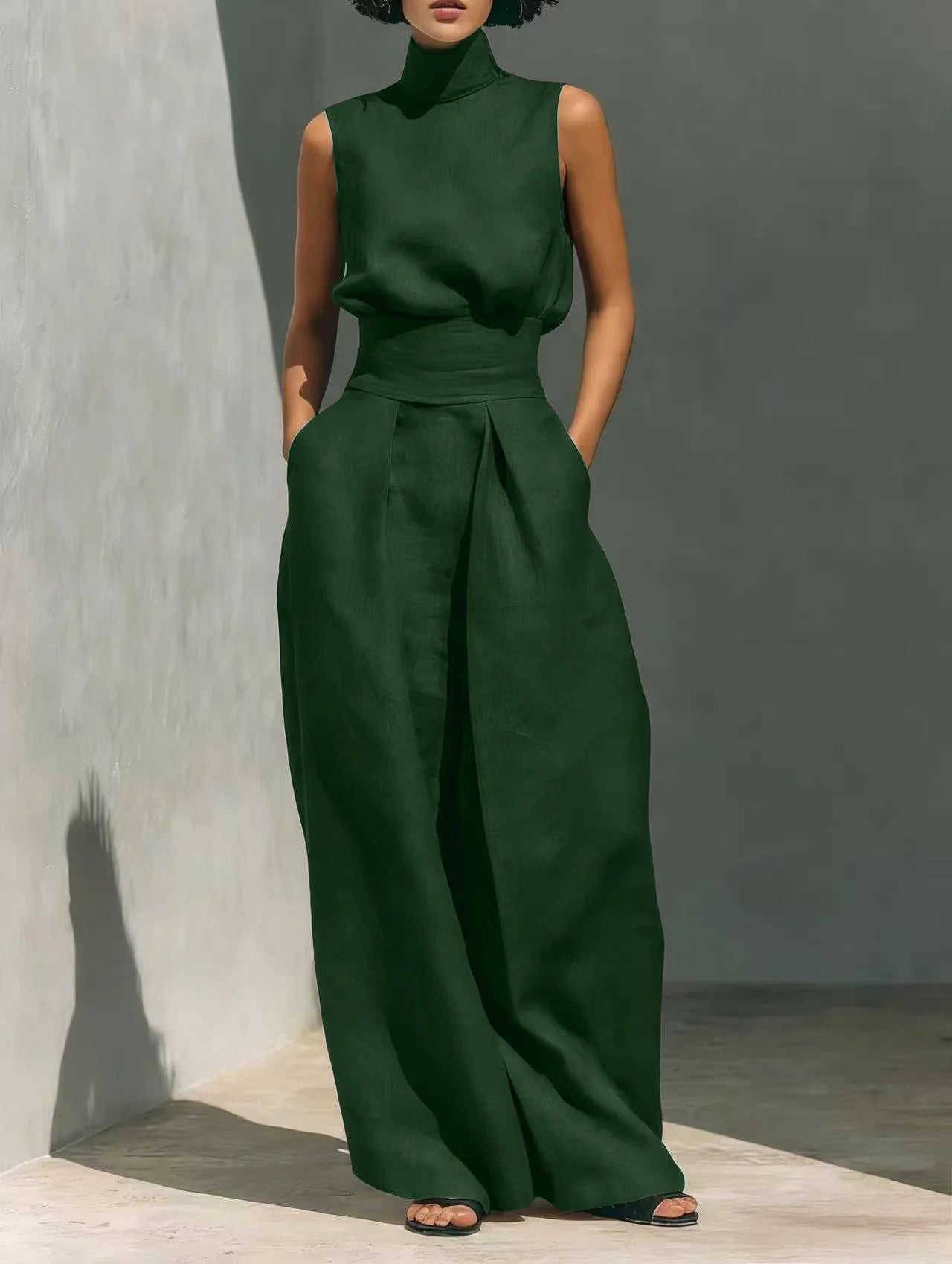 New Women's Solid Color 2 Piece Sets Sleeveless High Neck Tops+High Waist Wide Leg Pants Casual Minimalist Female Summer Outfits