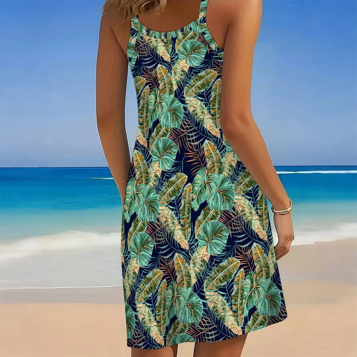Women's Print Spaghetti Strap Cover Up Dress Irregular Hem Sleeveless Beach Swim Cover Up Sundress