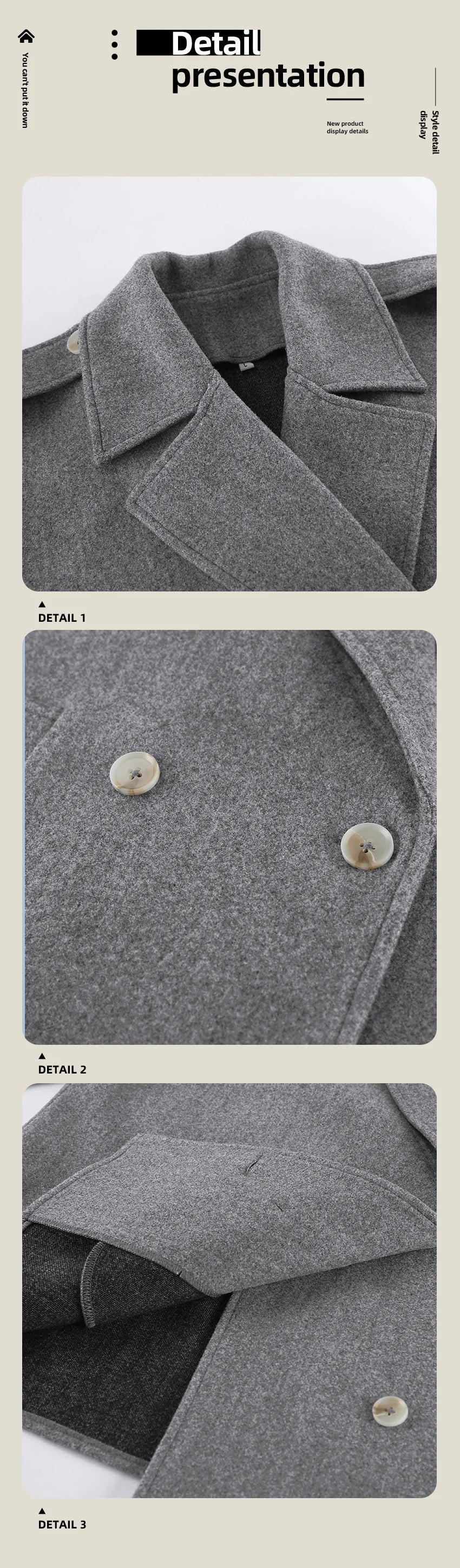 Gray Wool Blend Coat Notched Lapel Double Breasted Long Sleeve Cuff Detail Loose Mid-Length Women Commuter Woolen