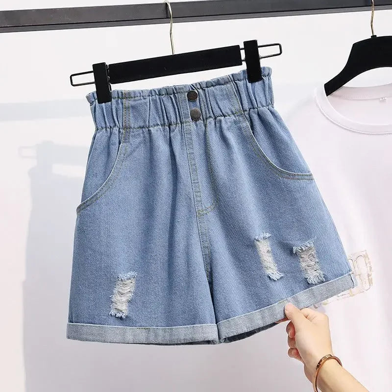 Denim Shorts for Women Korean Style Young College Girls Clothing Summer Elastic Waist Fashion Soft Loose Streetwear Chic Pockets