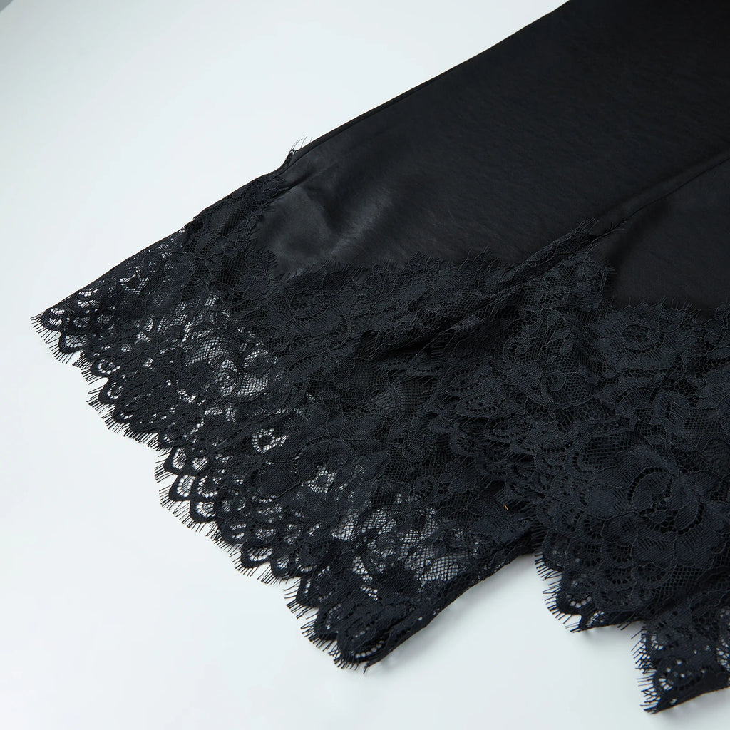 Lace Trim Wide Leg Pants for Women Casual Loose Stain Elastic Waist Trousers 90s Streetwear Y2K Coquette Bottoms