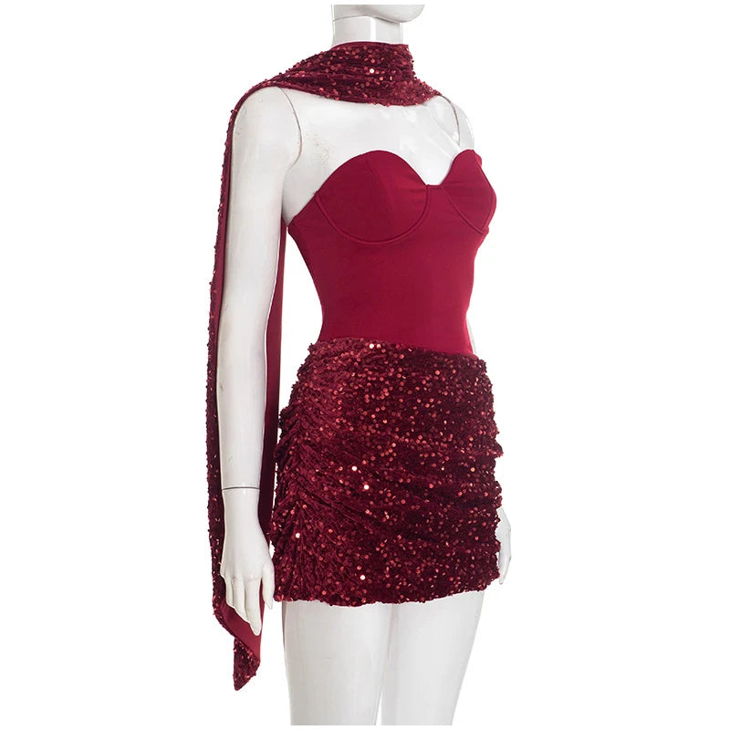 Sexy Sequin Patchwork Scarf Collar Dress Women Fashion Strapless Backless Bodycon Mini Dresses 2026 Lady Party Evening Gown