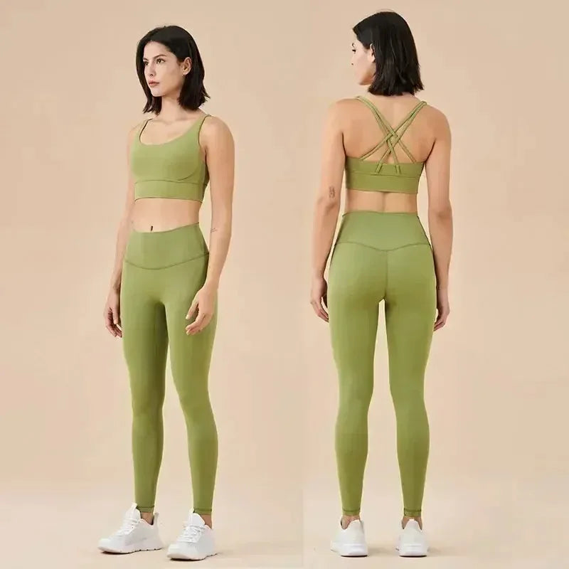 Women's 2 Piece Sports Set - High Waist Booty-Lifting Leggings with Back Pocket & Sports Bra Yoga/Gym/Running Workout Outfit