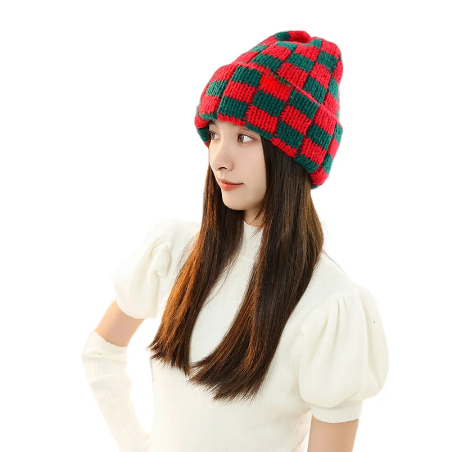 Luxury Brand Chessboard Plaid Knitted Hat Women Winter New Big Size Hat Warm Beanies Skullies Green Red Xmas Christmas Hat