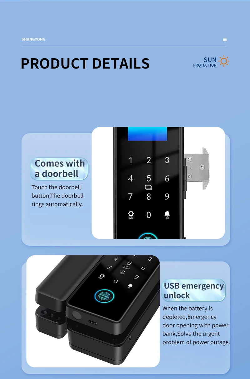 3D Face Tuya Wifi Electronic Smart Glass Door Lock With Biometric Fingerprint/RFID Card /Password Unlock/USB Emergency Charge