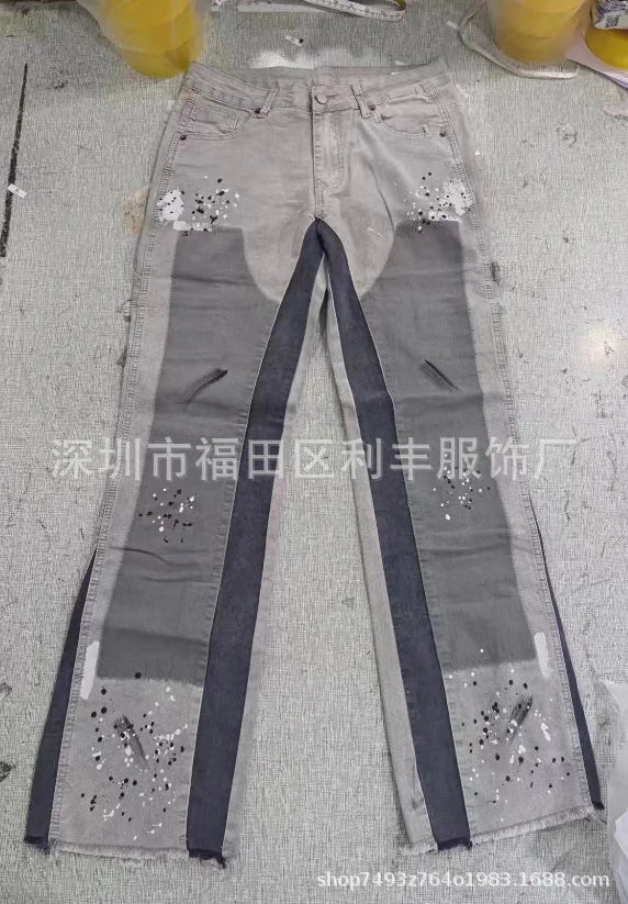 Mens Fashion Jeans Work Pants European American Style Workwear Elastic Patchwork Denim Layered Flared Pants S-XXL Streetwear