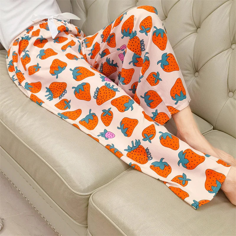 2025 Summer Sleeping Pants Women Thin Bottoms Spring Large Size Home Wear Pants Pajamas Flower Print Loose Cute Beach Trousers
