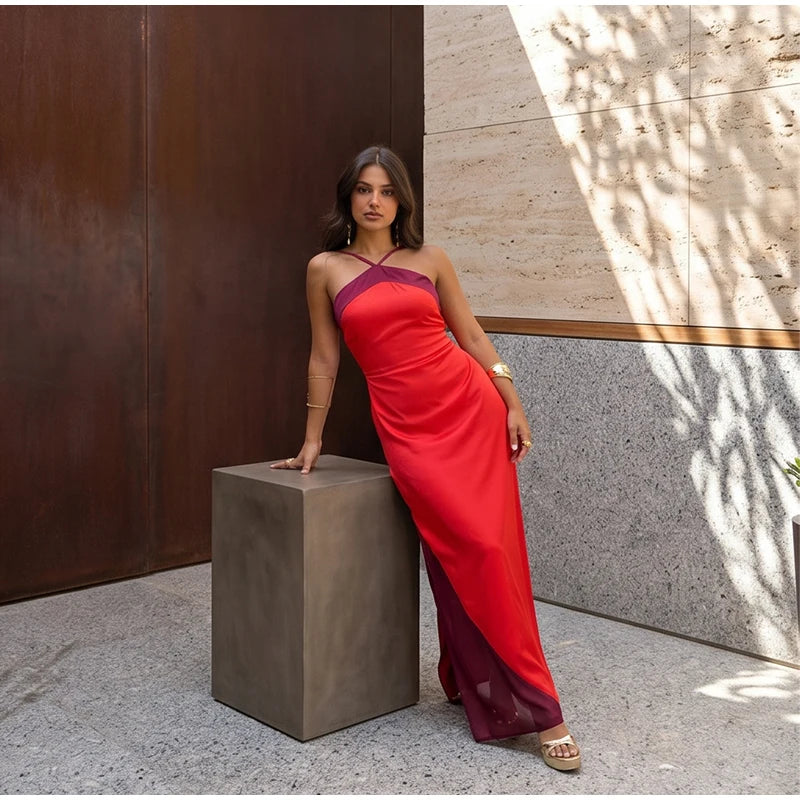  Women Sexy Color Blocking Halter Maxi Dresses Elegant Backless Off shoulder Sleeveless Slim Gowns 2026 New Lady Party Vestidos