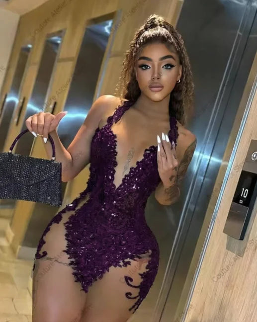Sexy Black Halter Short Prom Dresses Black Girls Beads Rhinestones Sheer Mesh Baddie Dress For Birthday Mini Cocktail Customized