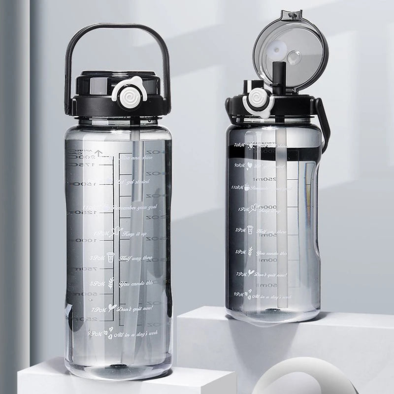 1.5/2Liter Sport Straw Water Bottle With Time Scale Plastic Summer Cold Juice Water Cup Large Capacity Portable Travel Bottles