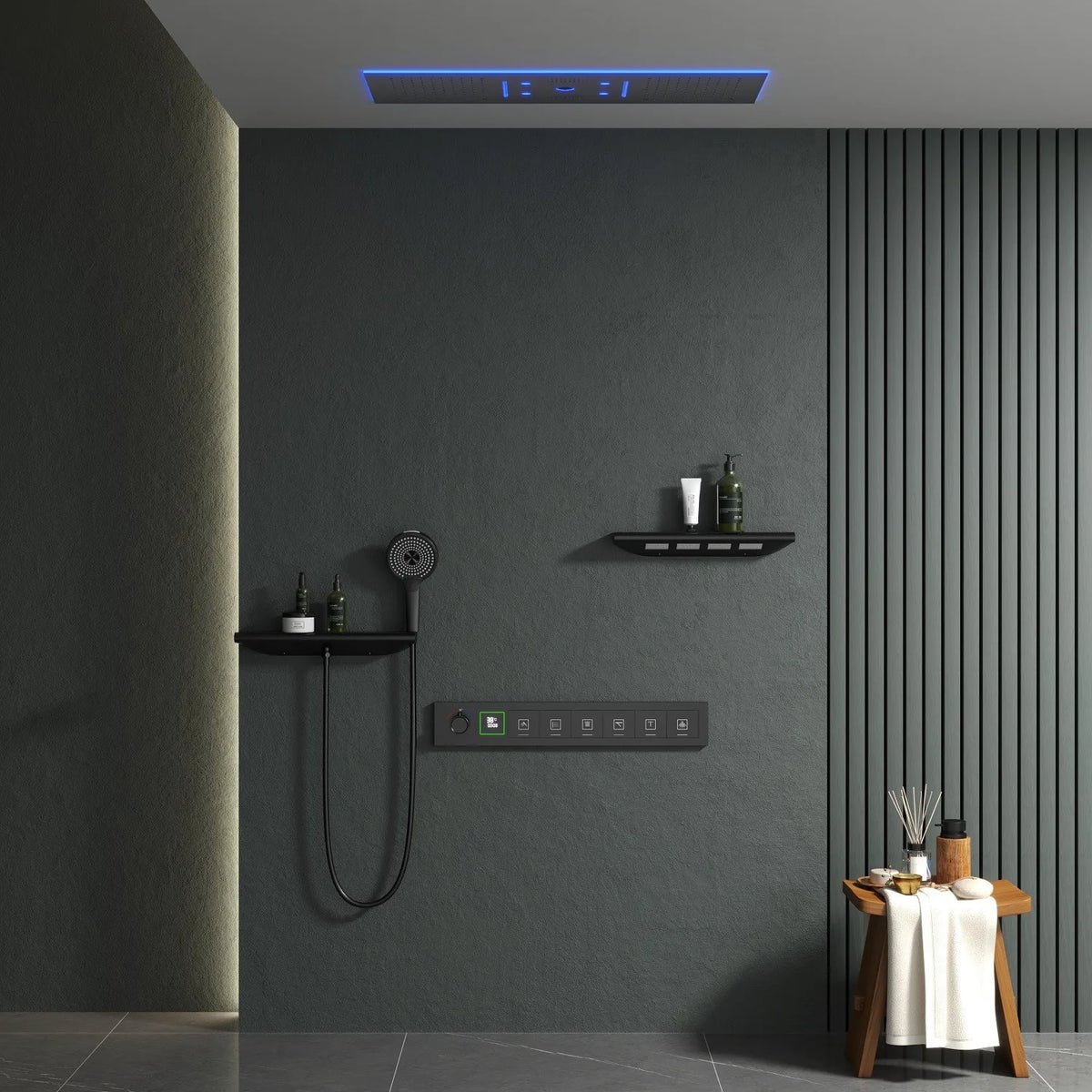 Rainfall LED Bluetooth Shower Set with Digital Display and Thermostatic Control All Brass Buttons