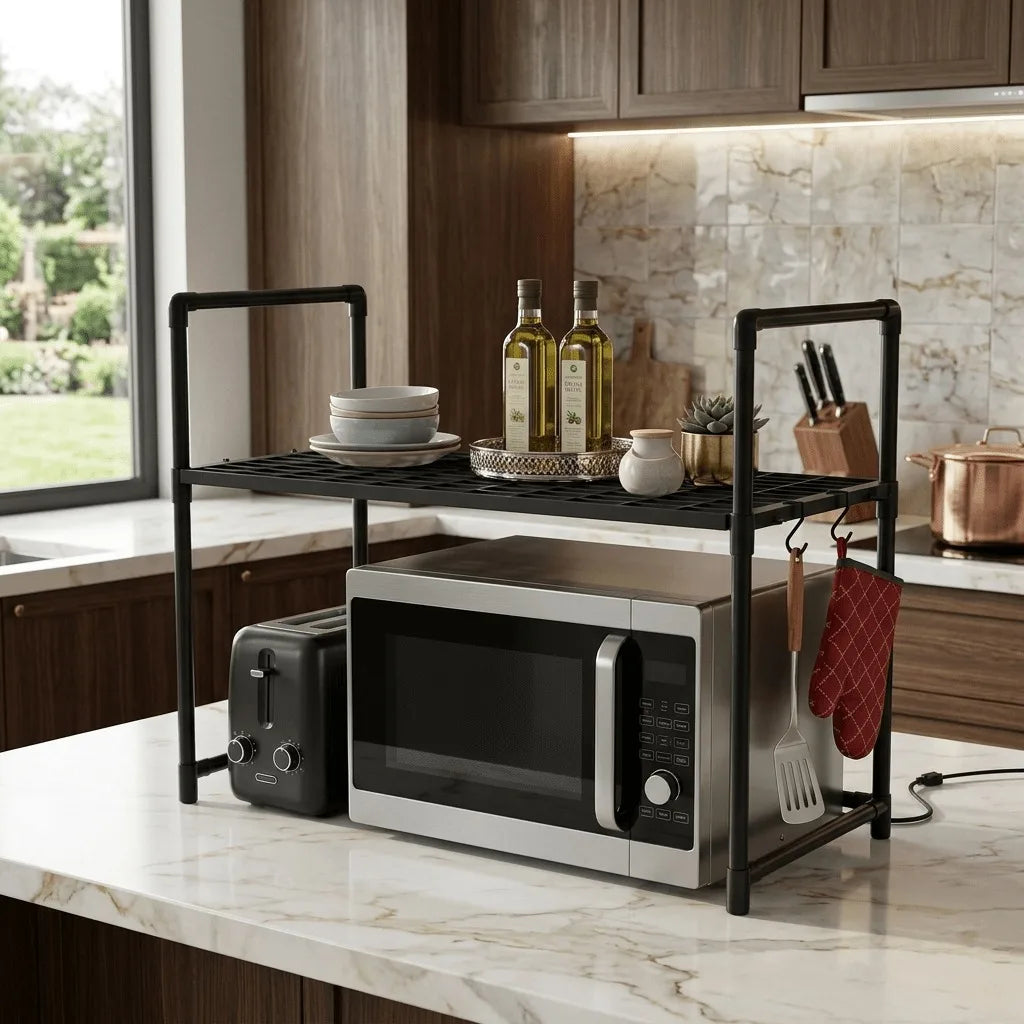 Microwave Oven Rack 2‑Tier Kitchen Countertop Organizer, Heavy Duty Metal Shelf with Hooks for Spices Utensils Small Appliances