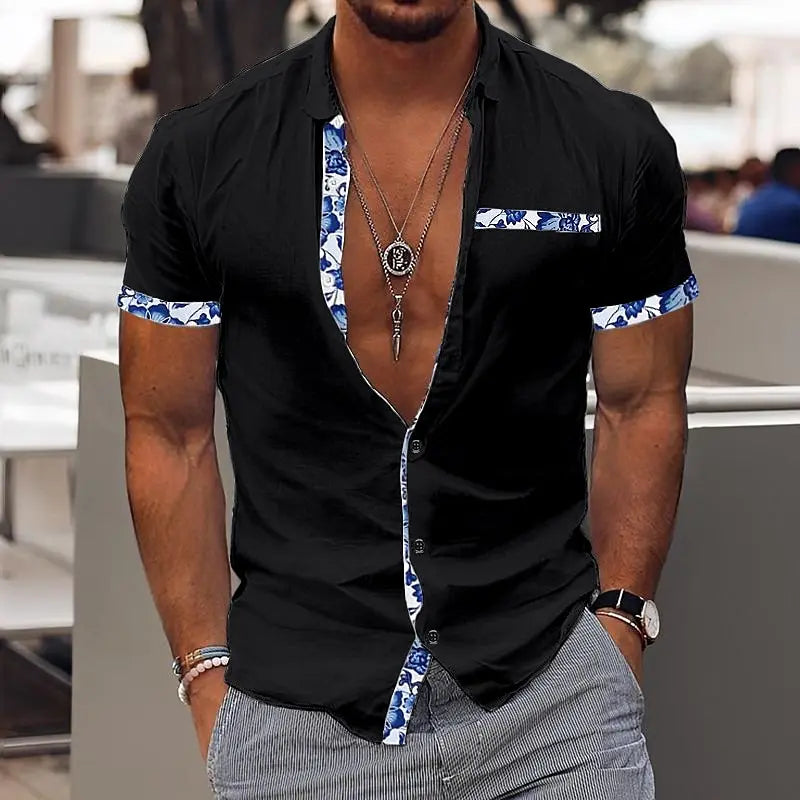 Fashionable Men's Hawaiian Shirt Men's Casual Solid Color Printed Beach Pocket Shirt Short Sleeve Large Size 5XL New Style Multi