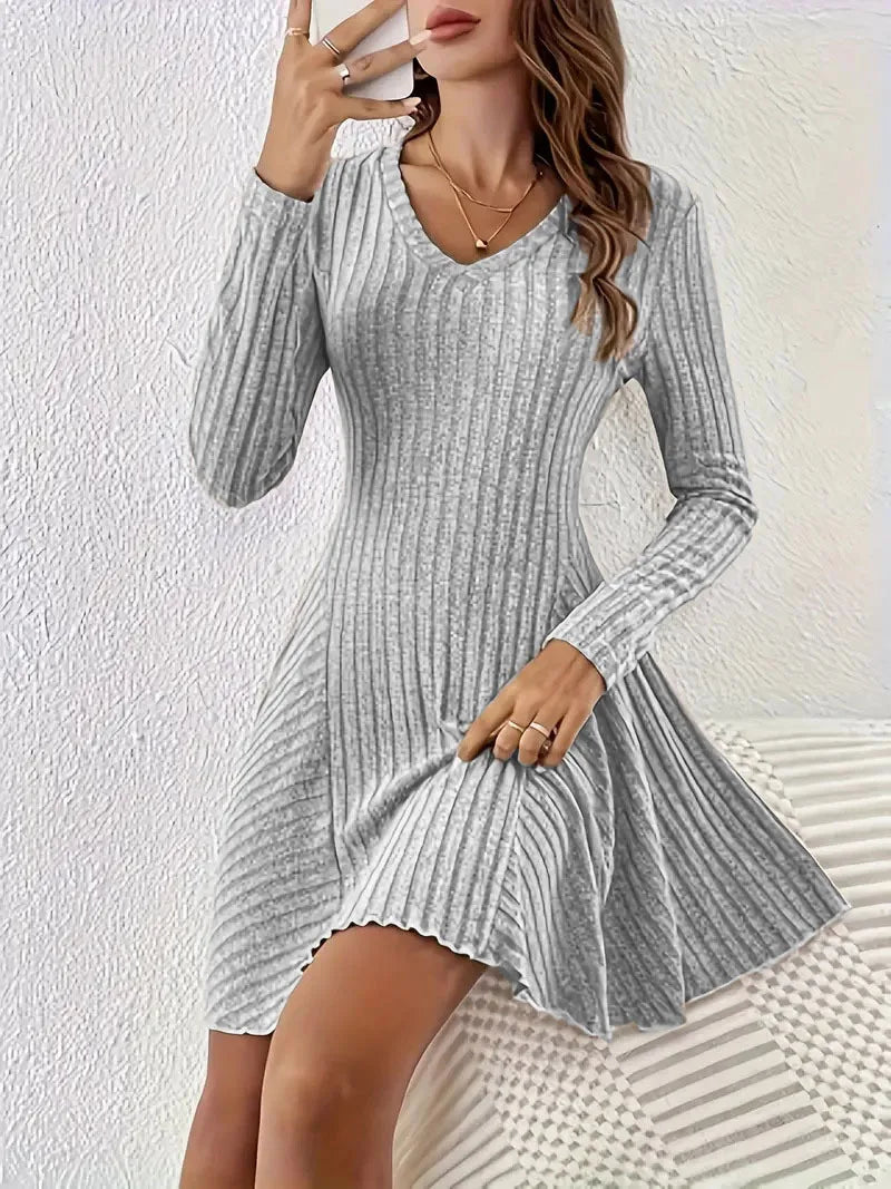 Women's V-Neck Knit Dress - Long Sleeve Swing Mini Dress, Elegant Bodycon Short Dress