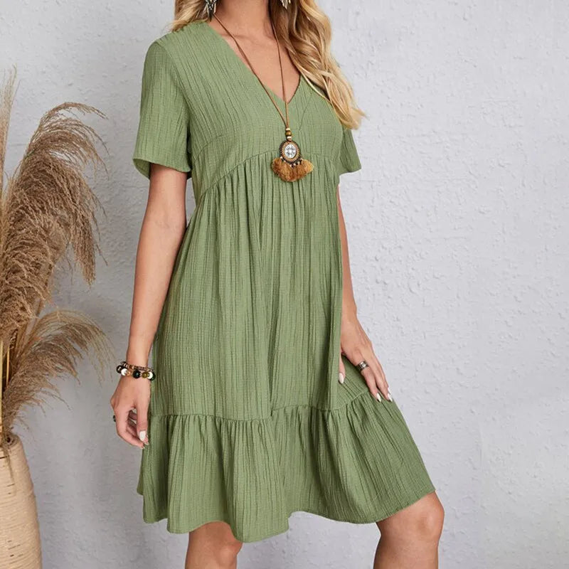 2023 Faion Women's Casual Dr Skirt Lady's Clothing Polyester Fiber A-Line Skirt ort Sve V-Ne Loose Waist Summer D...