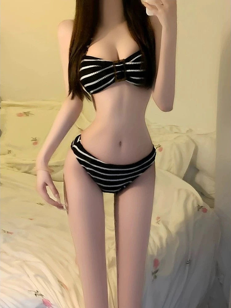 Vintage Sexy Black Striped Bikini Set Women American Retro Hottie Fashion Halter Neck Swimwear Harajuku Chic Sweet Swinsuit 2026