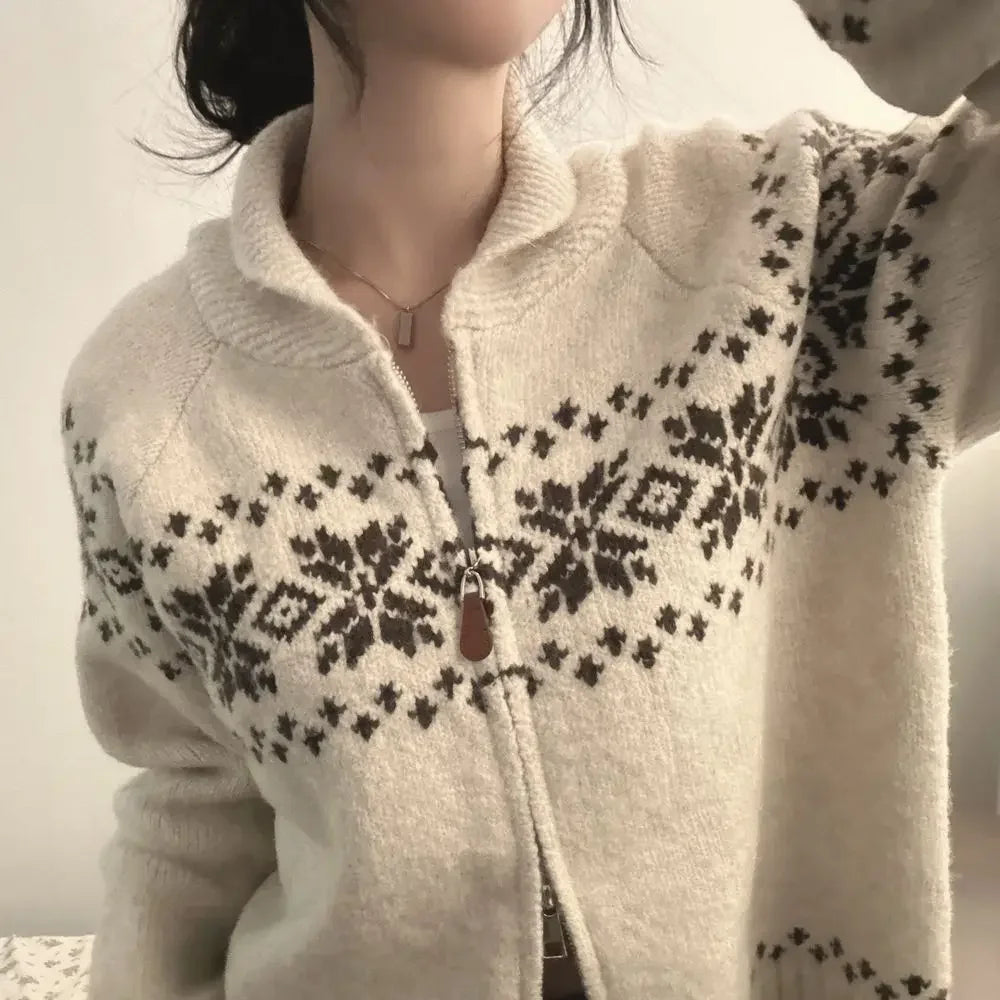 New Autumn Winter Women Fashion Elegant Knitwear Long Sleeve Sweater Fall Korean Style Casual Knitted Top Zipper Lapel Jacket