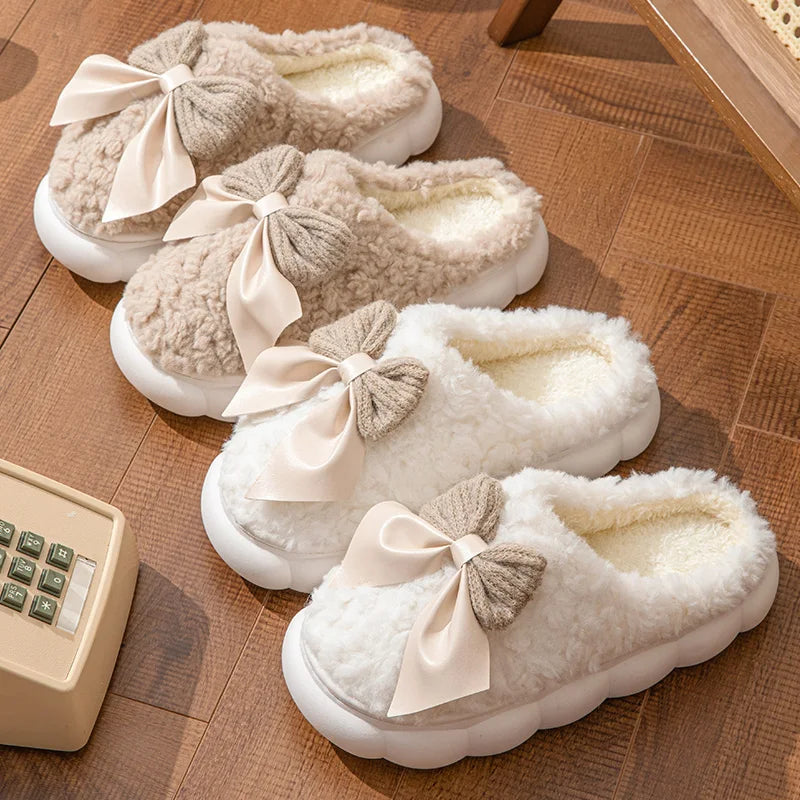 Cotton slippers for Women Autumn and Winter Thick Sole Indoor Home Warm Couples Shoes Bow Non-Slip Flat Platform Women's Slipper