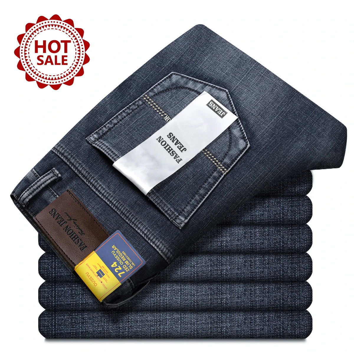 OUSSYU Brand Classic Retro Blue Men's Jeans Denim Pants Work Streetwear Straight Stretch Business Autumn Winter Cotton Trousers