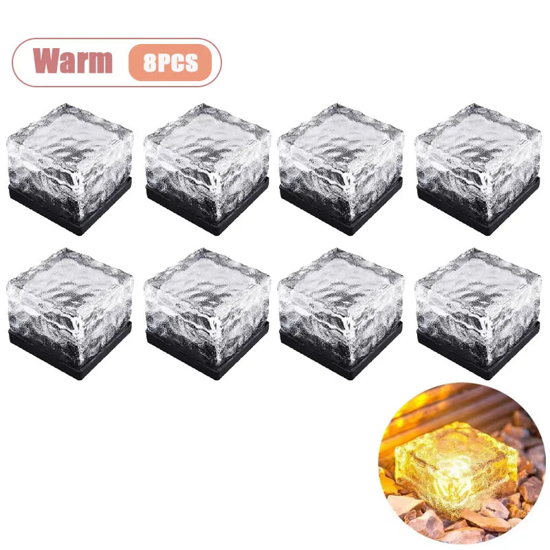 1-8PCS Square Solar Glass Brick Lights IP65 Waterproof LED Warm White Outdoor Landscape Path Lighting for Garden Courtyard Decor