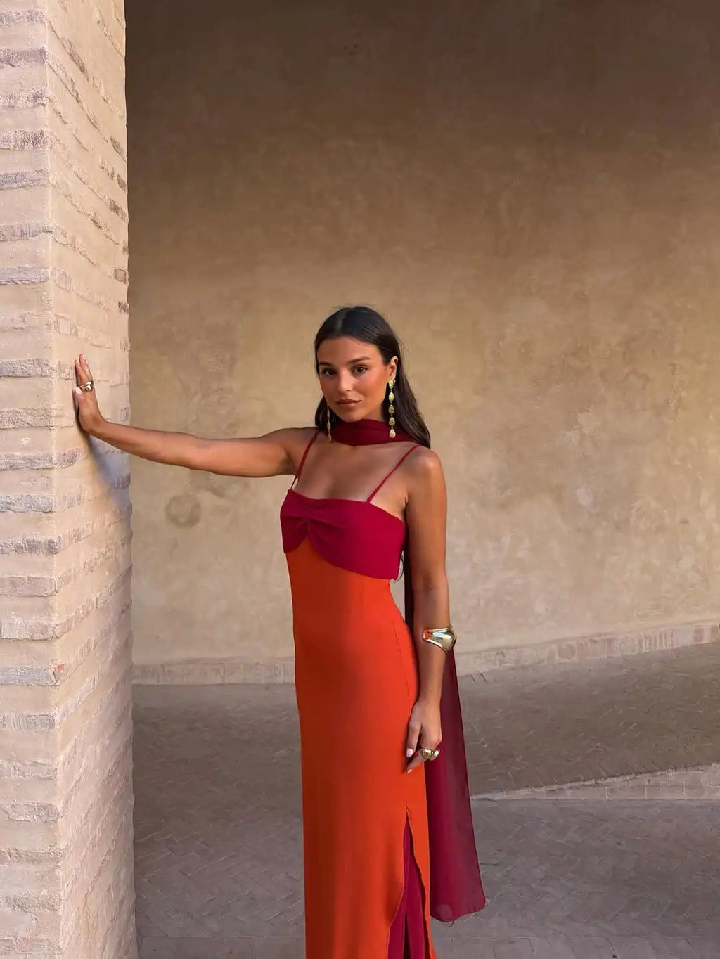 Color Blocking Scarf Collar Suspender Women Maxi Dress Spaghetti Strap High Split Floor Length Evening Dresses Lady Party Robes