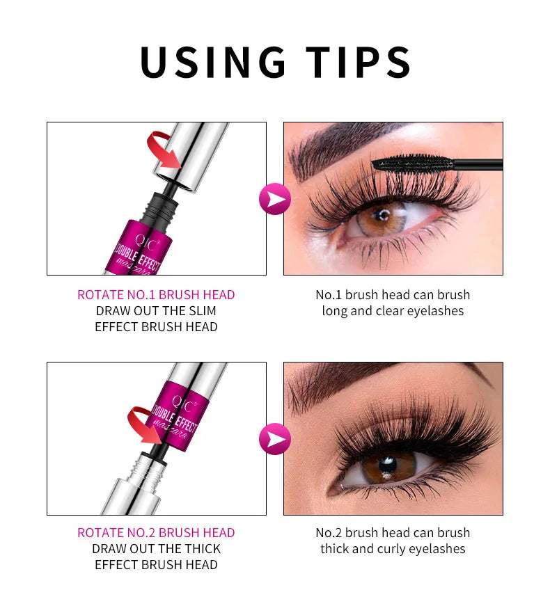 QIC Double Effect 4D Mascara Waterproof Long Curl Natural Thick Eyelash 2-in-1 Black Mascara with 2 Brush Heads