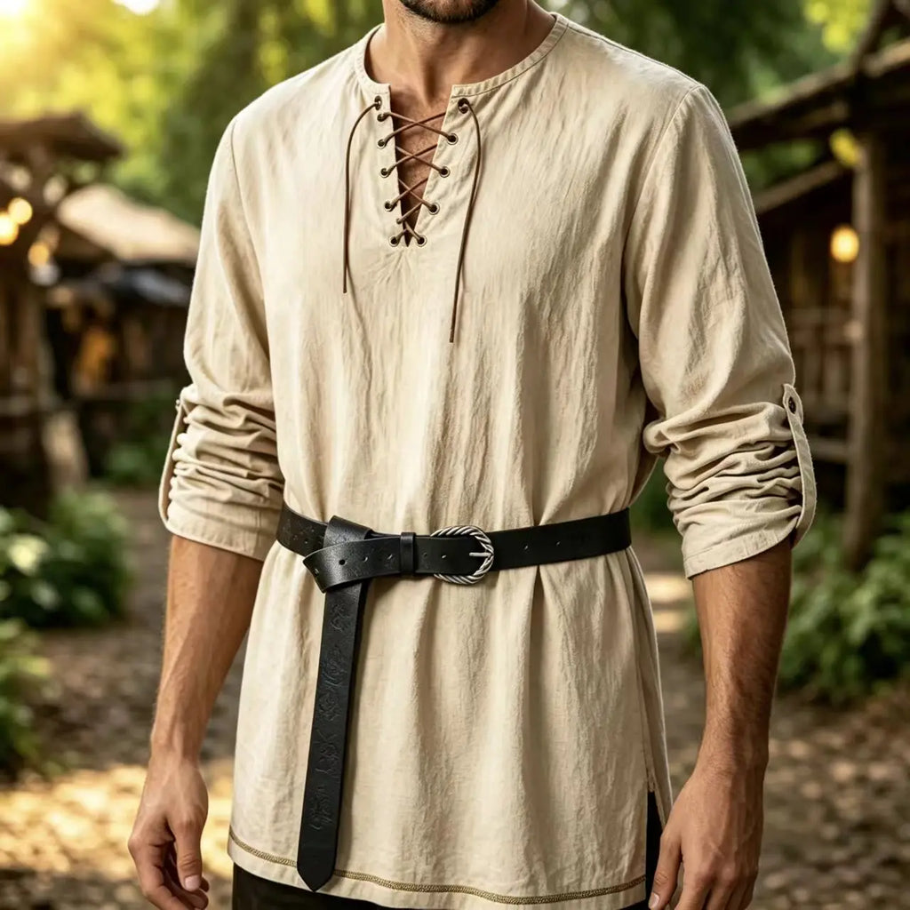 Men Medieval Lace Up Linen Long Sleeve Tunic Viking Pirate Renaissance Cosplay Shirt With Vintage Embossed Leather Belt