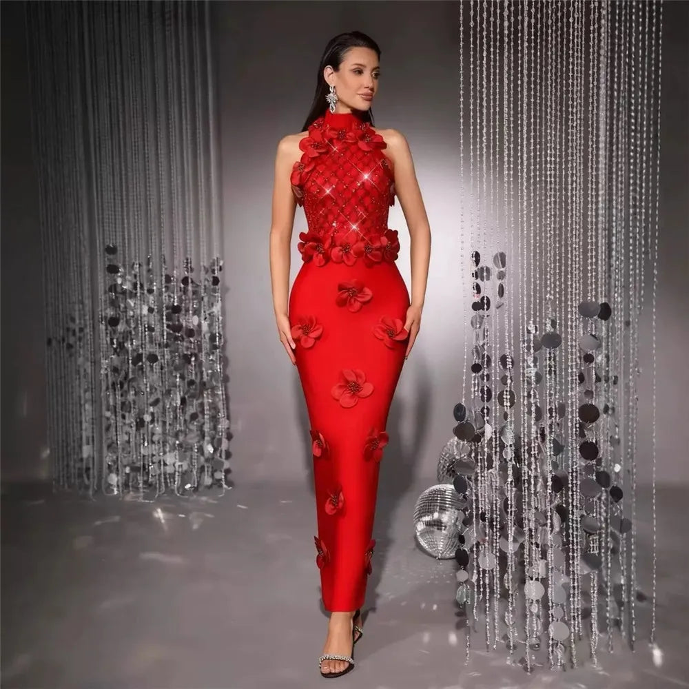 Women Fashion Flower Beading Sequins Patchwork Bandage Dress Celebrity Party Sleeveless Elegant Dresses
