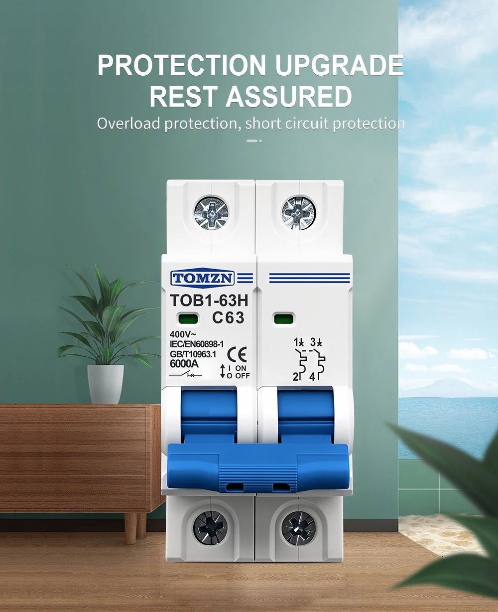 TOMZN 2P AC MCB TOB1-63H C Type 230/400V~ 50/60Hz Mini Circuit Breaker 3A 6A 10A 16A 20A 25A 32A 40A 50A 63A