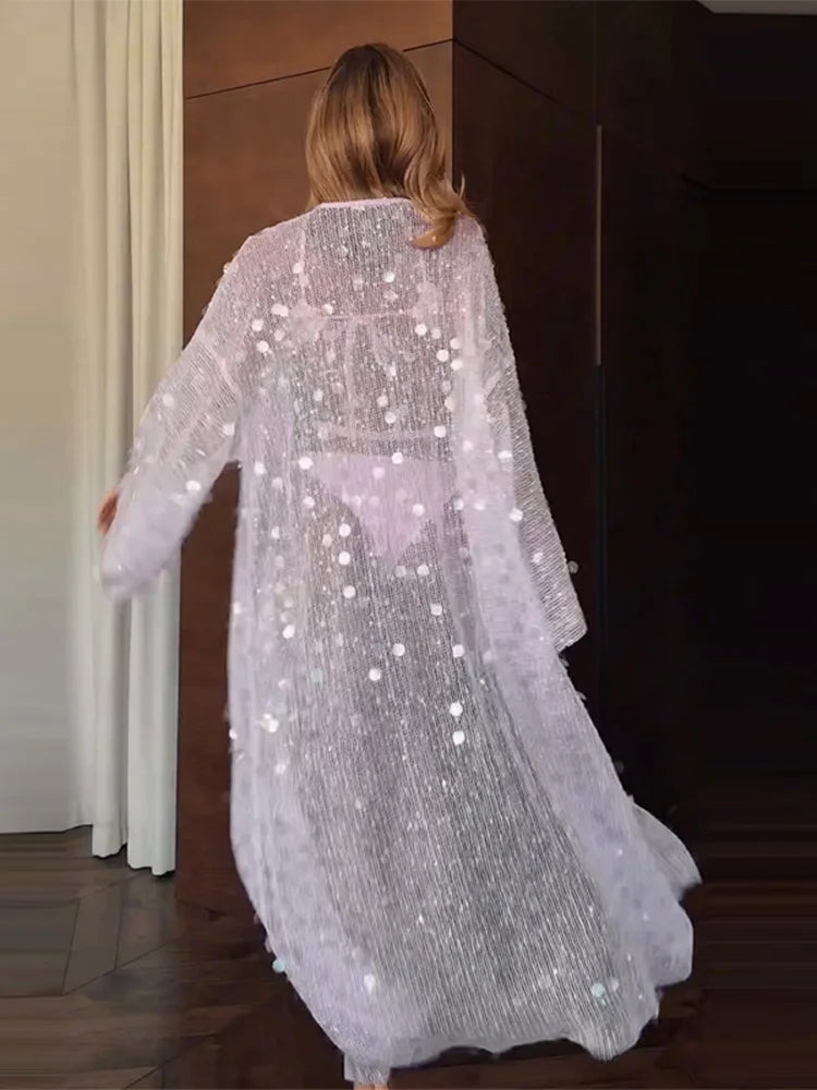 Sequined Hollow Out Long Dress Women Sexy V-neck Full Sleeve Mesh Patchwork Lace Up Cardigan Party Evening Dresses New Beachwear
