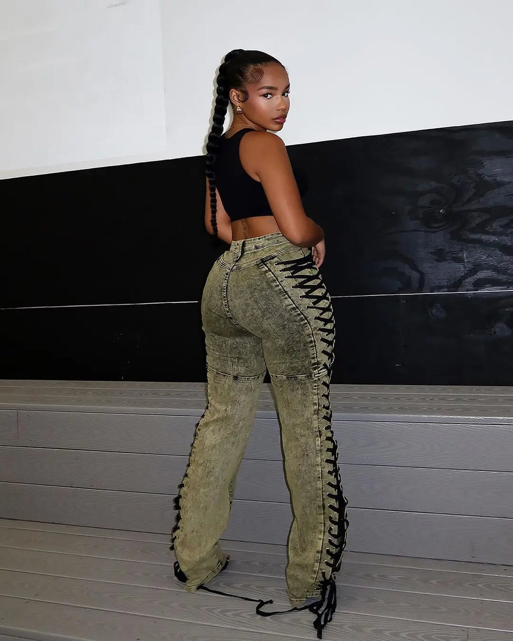 Europe America New Fashionable Women's Straight-leg High-waisted Jeans, Featuring Lace-up Straps and Drawstrings for Hot Girls