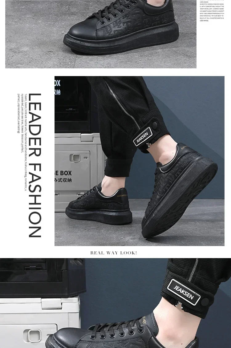 2026 Men's Casual Shoes Spring and Autumn Flat-soled Casual Leather Shoes Sports Shoes Black and White Men's Thick-soled Shoes