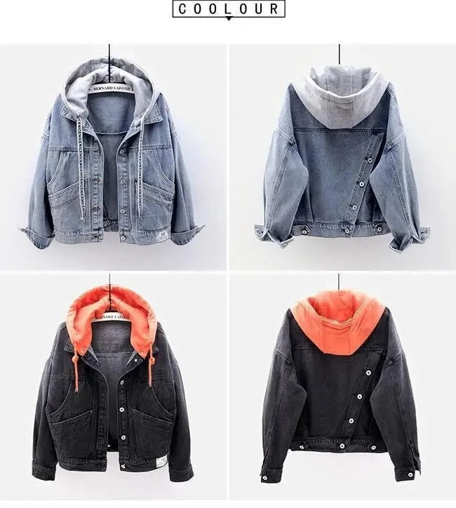 Denim Jacket Schoolgirl Korean Version Loose Short Jacket Long-sleeved Hooded Jacket Multi-pocket Versatile Top Autumnand Winter