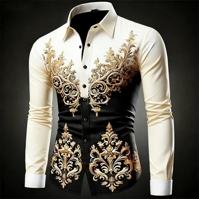 New 12 Color Men's Gold Exquisite Pattern Long-Sleeved Button Retro Floral 3D Printed Hawaiian Shirt Fashionable Shirt