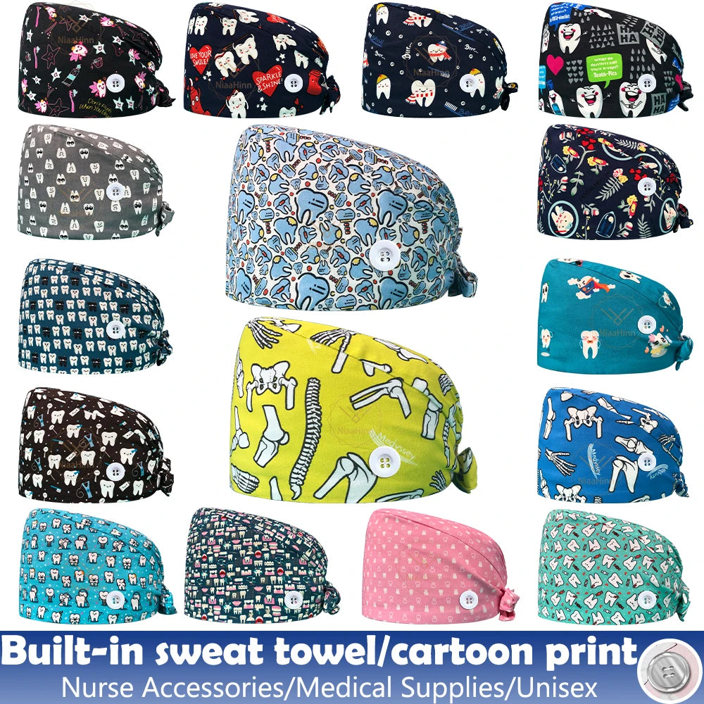 Dentistry Pet Medical Scrub Pharmacist Clinic Hat Dentist Lab Cap Nurse Surgical Working Caps Nursing Hats Cotton with Button