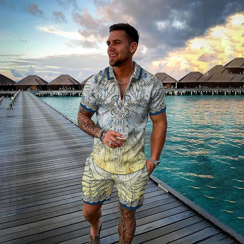Men Zipper Polo Shirt Suit 2 Pcs Tracksuit Summer 3D Print Beach Boho Geometric Style Holiday Clothing Ensembles De Sport