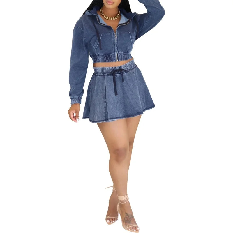 Streetwear Denim 2 Piece Sets Women Outfits Autumn Clothes Women Long Sleeve Hooded Crop Top Pleated Skirts Sets Jean Dress Sets