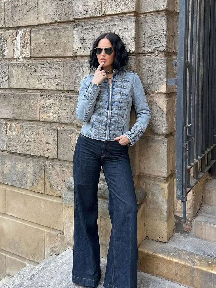 HH Y2K Military Short Denim Jacket Women's Light Washed Stand Collar Slim Denim Jacket Sexy Spring and Autumn Street Tops
