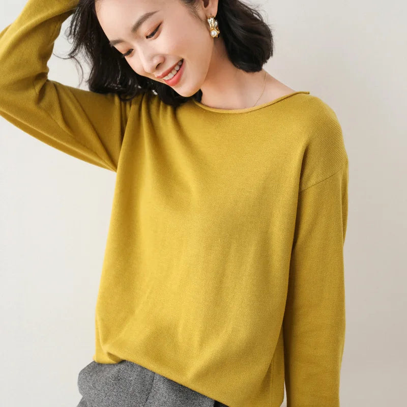 2025 Spring Autumn Womens Sweater Solid Knitwear Korean Loose Female Basic Casual Jumpers Stretch Pullover Sky Blue Pink Sweater