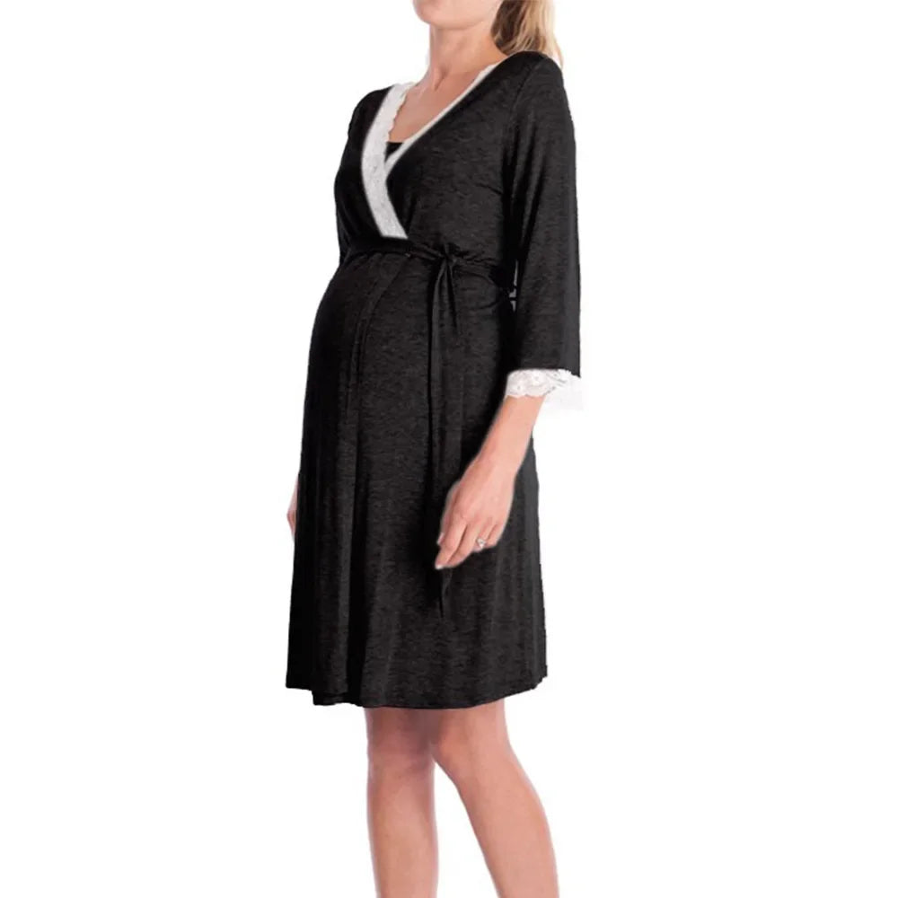 Fashion Lace Three-quarter Sleeve Maternity Nightdress Loose Bathrobe Pregnant Women Nightgown